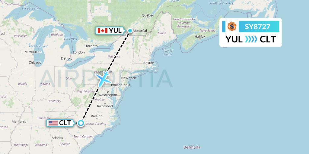 SY8727 Sun Country Airlines Flight Map: Montreal to Charlotte