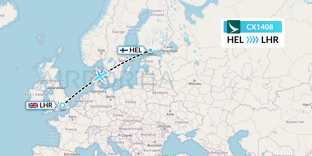 CX1408 Cathay Pacific Flight Map: Helsinki to London
