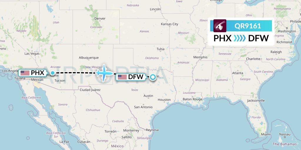 QR9161 Qatar Airways Flight Map: Phoenix to Dallas