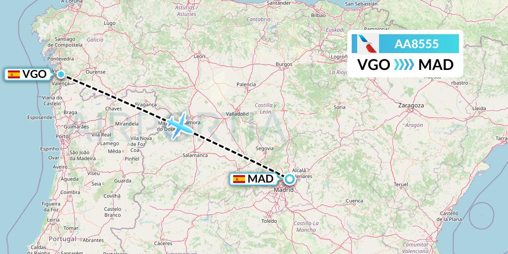AA8555 American Airlines Flight Map: Vigo to Madrid