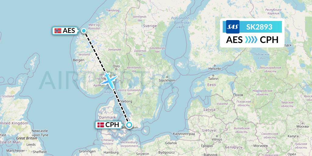 SK2893 SAS Flight Map: Alesund to Copenhagen