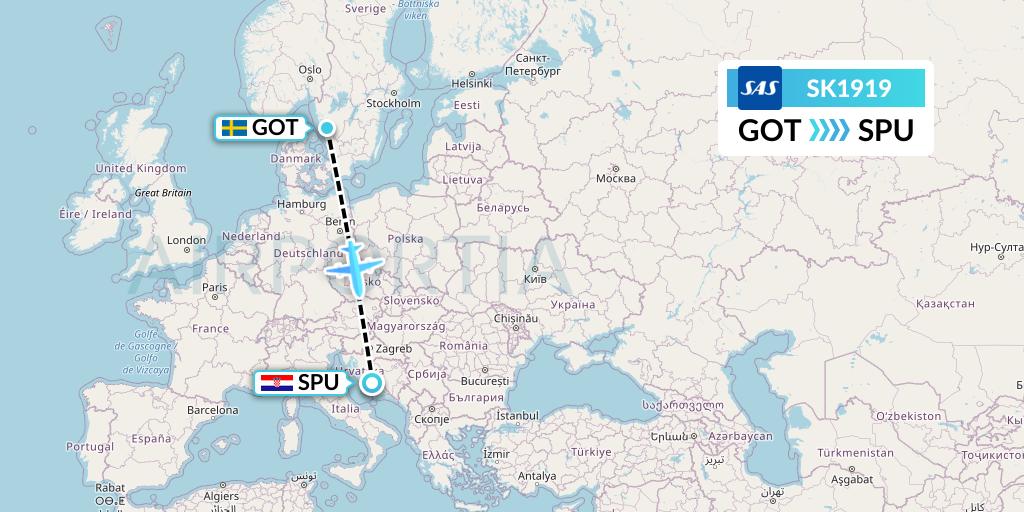 SK1919 SAS Flight Map: Gothenburg to Split