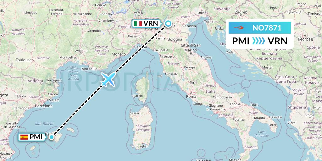 NO7871 Neos Flight Map: Palma de Mallorca to Verona