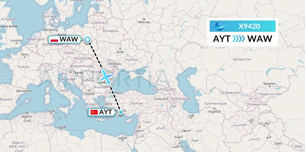 X9420 Avion Express Flight Map: Antalya to Warsaw