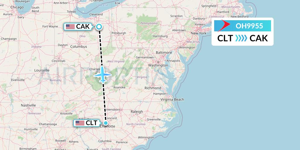 OH9955 PSA Airlines Flight Map: Charlotte to Akron