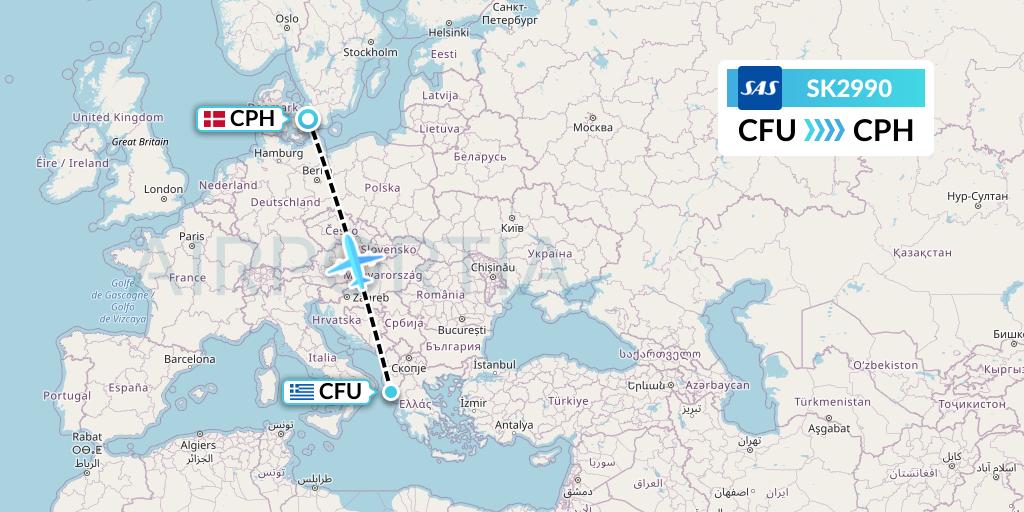 SK2990 SAS Flight Map: Corfu to Copenhagen