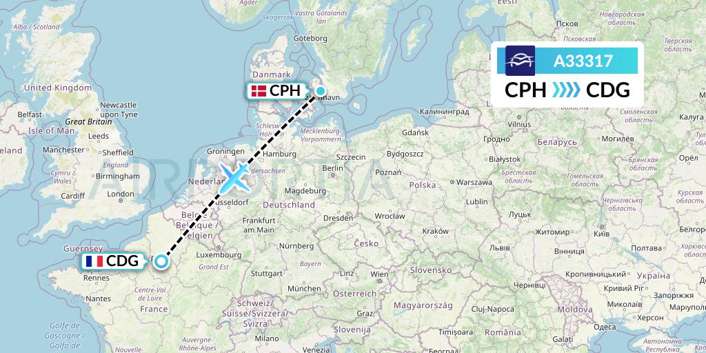 A33317 Aegean Airlines Flight Map: Copenhagen to Paris
