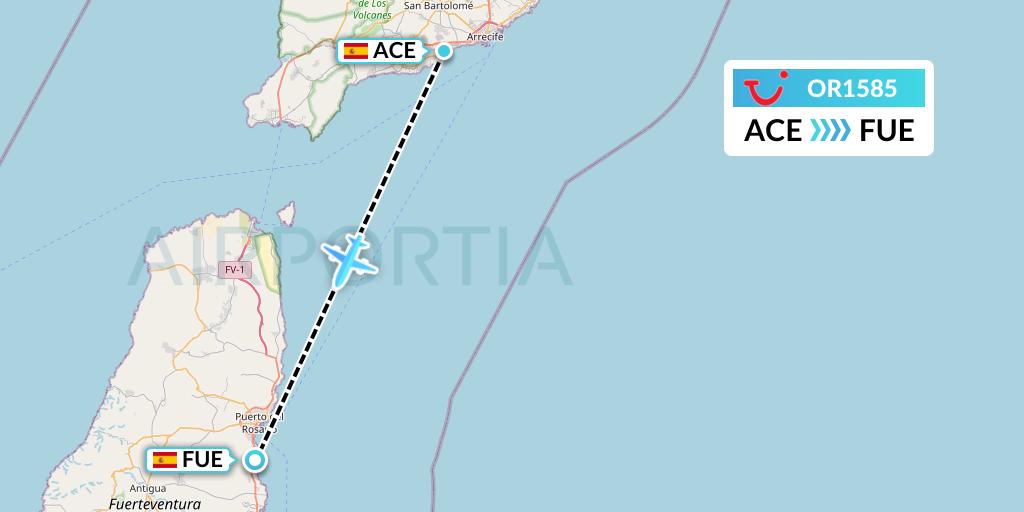 OR1585 TUI fly Netherlands Flight Map: Lanzarote to Fuerteventura