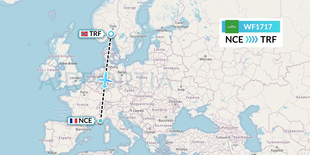 WF1717 Wideroe Flight Map: Nice to Oslo
