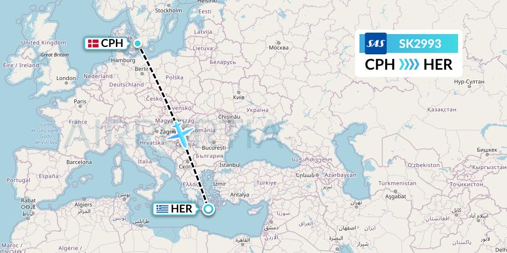 SK2993 SAS Flight Map: Copenhagen to Heraklion