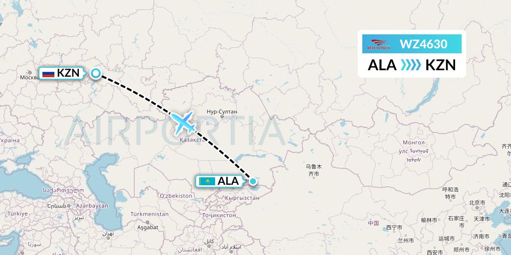 WZ4630 Red Wings Flight Map: Almaty to Kazan