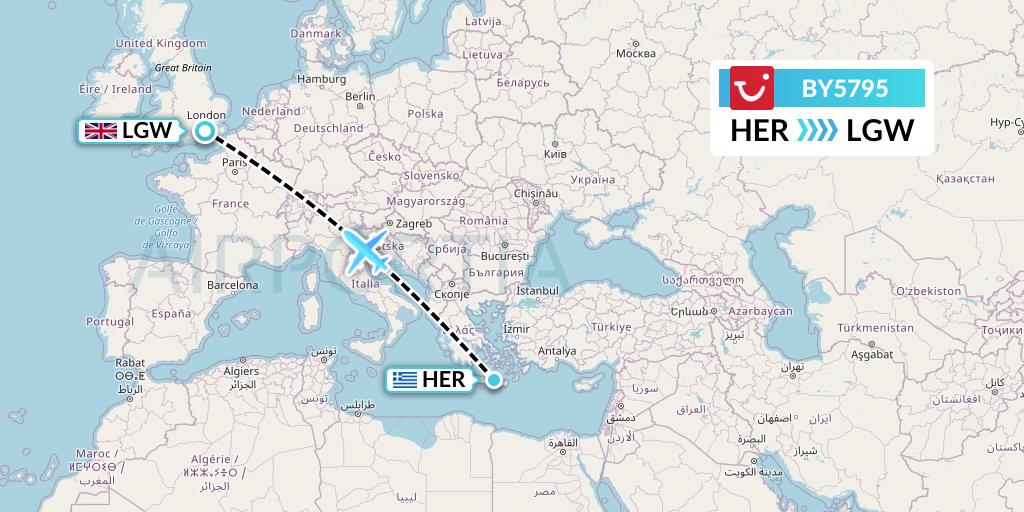 BY5795 TUI Airways Flight Map: Heraklion to London