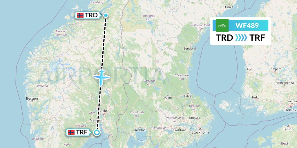 WF489 Wideroe Flight Map: Trondheim to Oslo