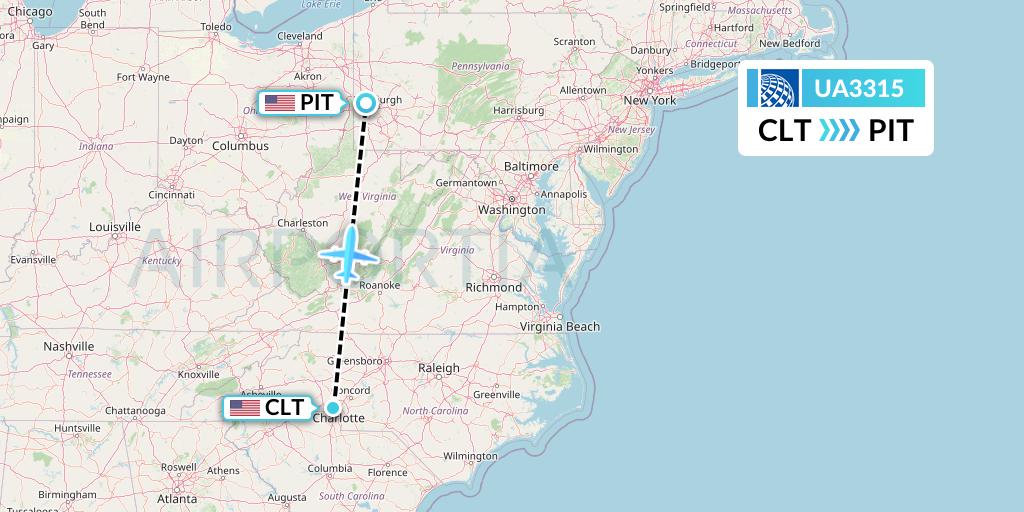 UA3315 United Airlines Flight Map: Charlotte to Pittsburgh
