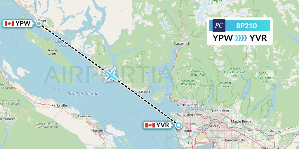 8P210 Pacific Coastal Airlines Flight Map: Powell River to Vancouver