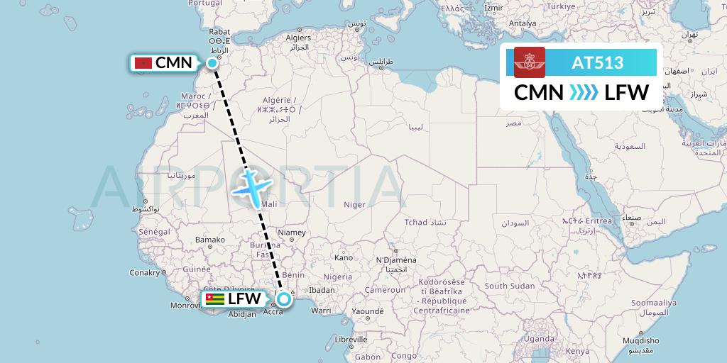 AT513 Royal Air Maroc Flight Map: Casablanca to Lome