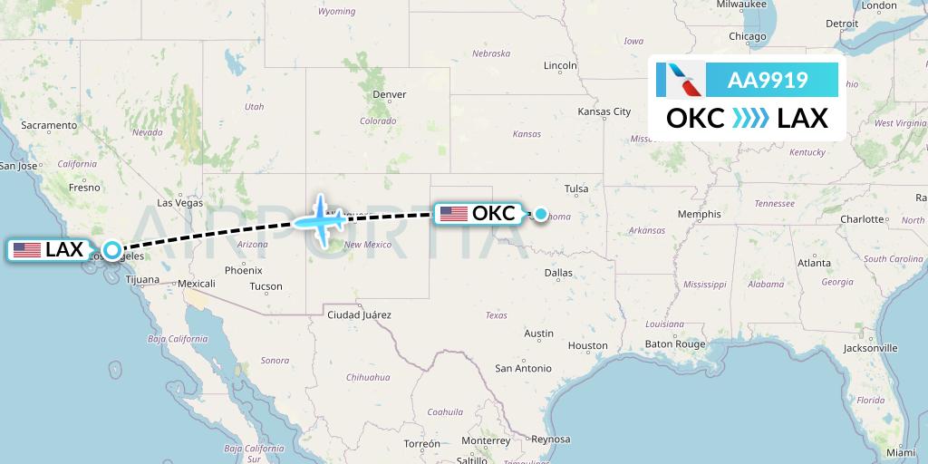 AA9919 American Airlines Flight Map: Oklahoma City to Los Angeles