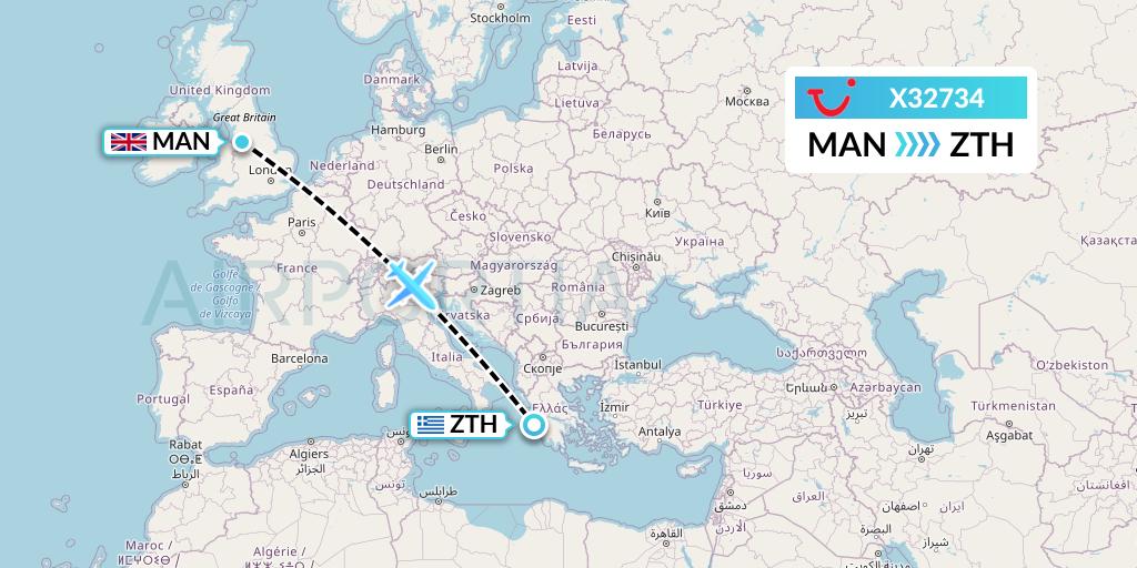 X32734 TUI fly Germany Flight Map: Manchester to Zakynthos