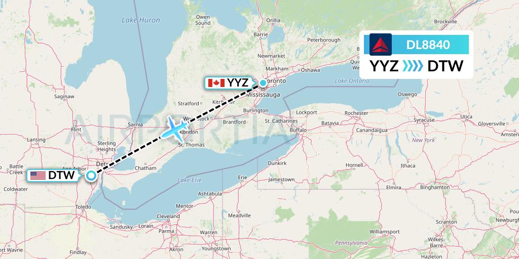 DL8840 Delta Air Lines Flight Map: Toronto to Detroit