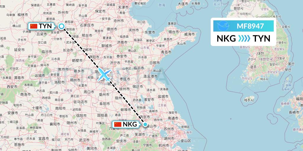 MF8947 Xiamen Airlines Flight Map: Nanjing to Taiyuan