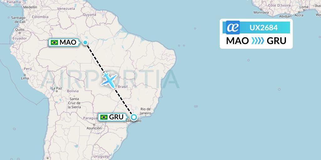 UX2684 Air Europa Flight Map: Manaus to Sao Paulo