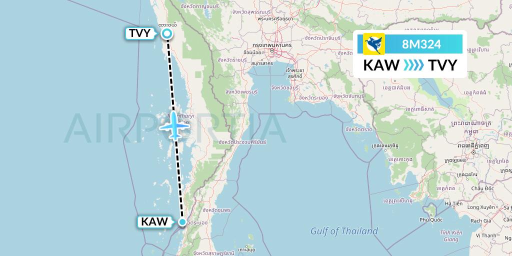8M324 Myanmar Airways International Flight Map: Kawthaung to Dawei