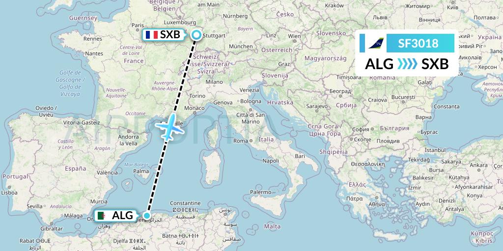 SF3018 Tassili Airlines Flight Map: Algiers to Strasbourg