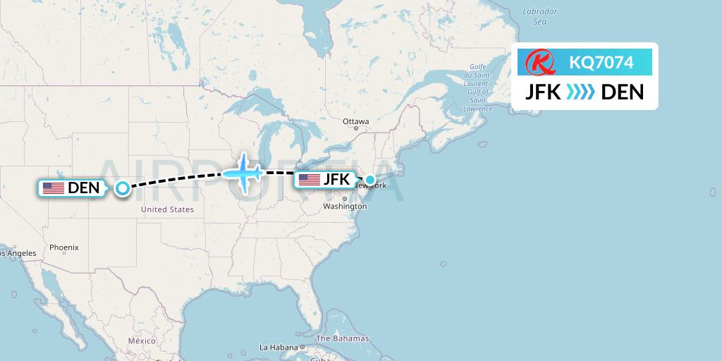 KQ7074 Kenya Airways Flight Map: New York to Denver