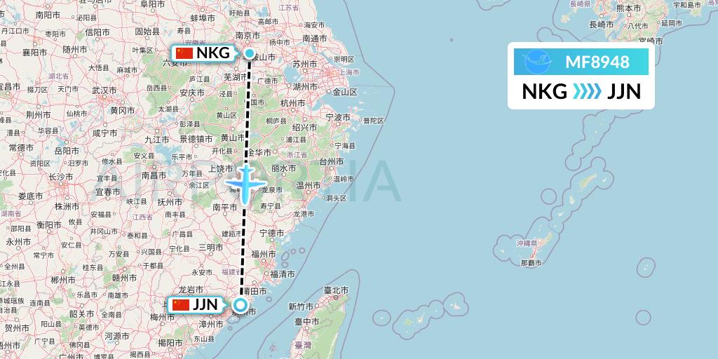 MF8948 Xiamen Airlines Flight Map: Nanjing to Jinjiang