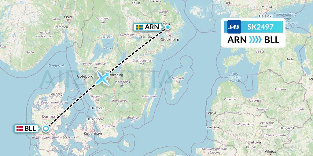 SK2497 SAS Flight Map: Stockholm to Billund