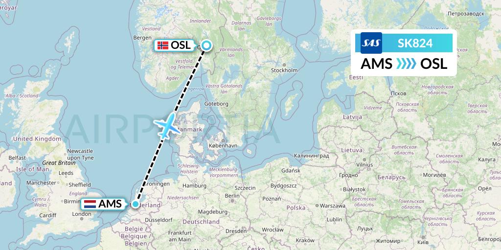 SK824 SAS Flight Map: Amsterdam to Oslo