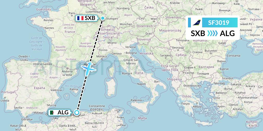 SF3019 Tassili Airlines Flight Map: Strasbourg to Algiers