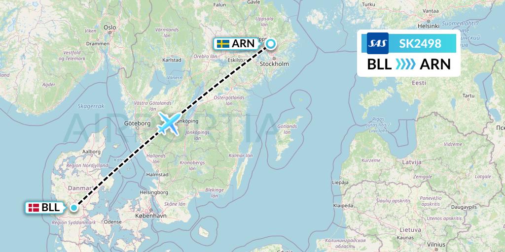 SK2498 SAS Flight Map: Billund to Stockholm