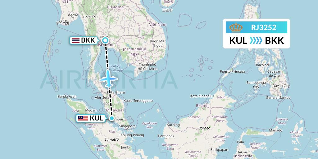 RJ3252 Royal Jordanian Flight Map: Kuala Lumpur to Bangkok