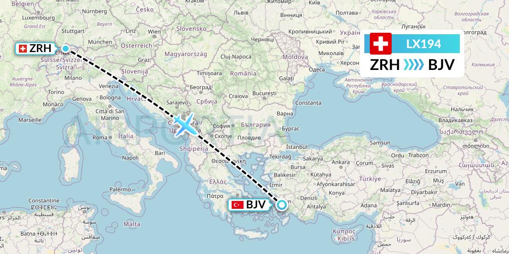 LX194 Swiss Flight Map: Zurich to Bodrum