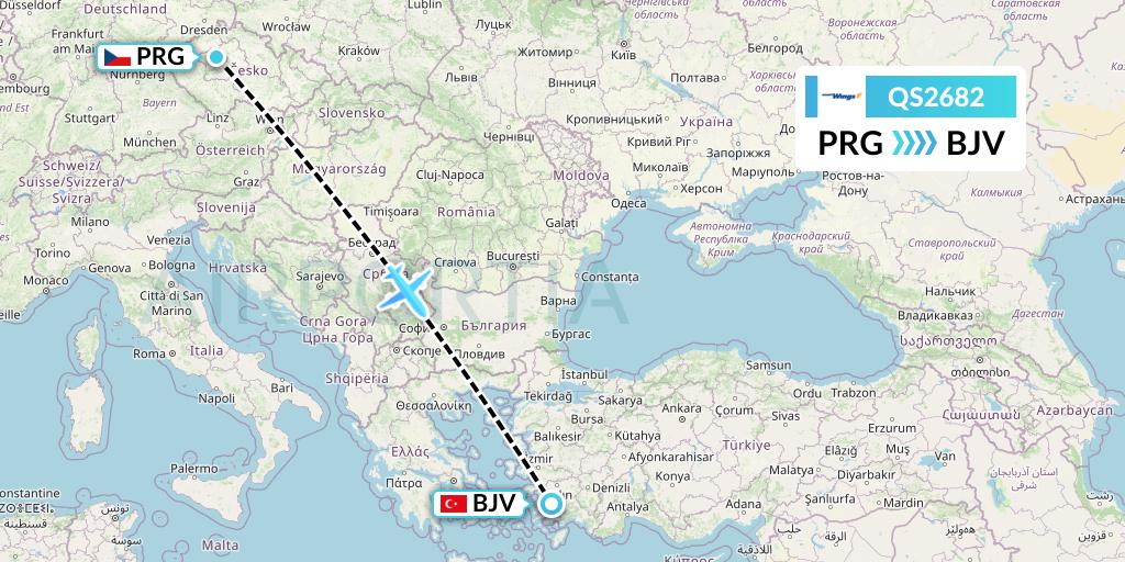 QS2682 Smartwings Flight Map: Prague to Bodrum