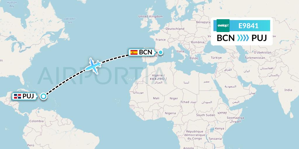 E9841 Evelop Airlines Flight Map: Barcelona to Punta Cana