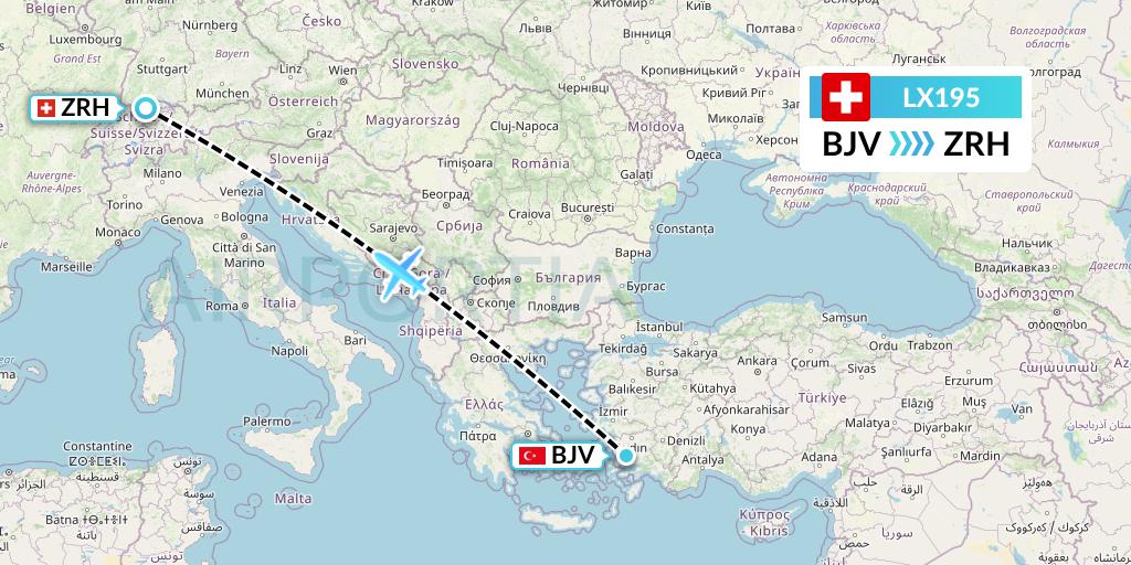 LX195 Swiss Flight Map: Bodrum to Zurich