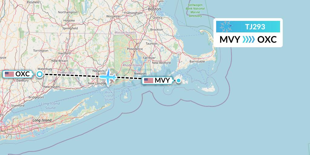 TJ293 Tradewind Aviation Flight Map: Martha's Vineyard to Oxford