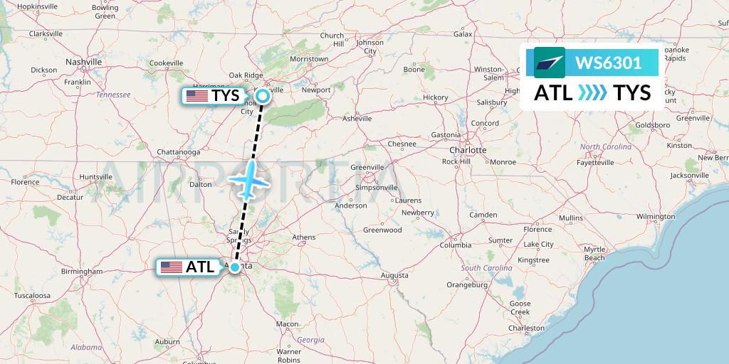WS6301 WestJet Flight Map: Atlanta to Knoxville