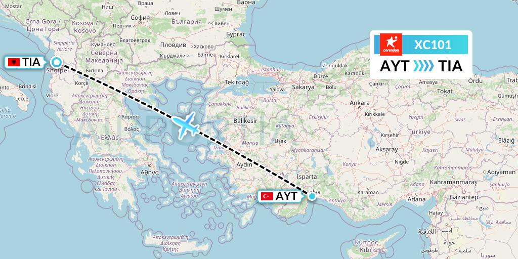 XC101 Corendon Airlines Flight Map: Antalya to Tirana