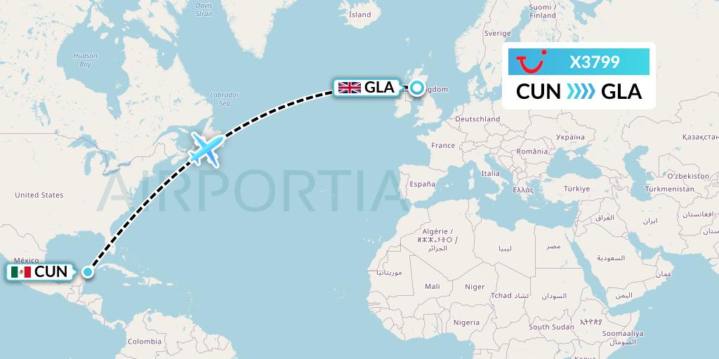 X3799 TUI fly Germany Flight Map: Cancun to Glasgow