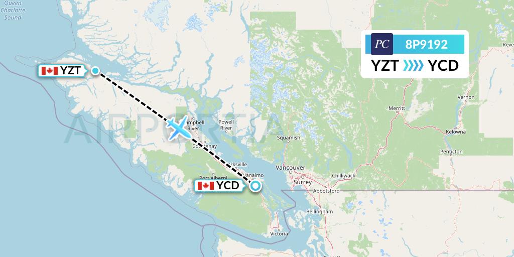 8P9192 Pacific Coastal Airlines Flight Map: Port Hardy to Nanaimo