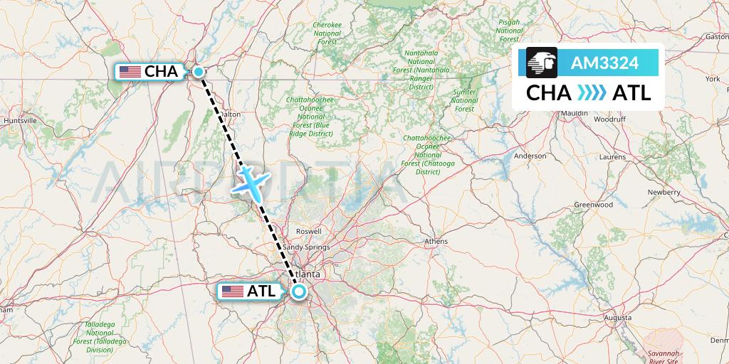 AM3324 Aeromexico Flight Map: Chattanooga to Atlanta
