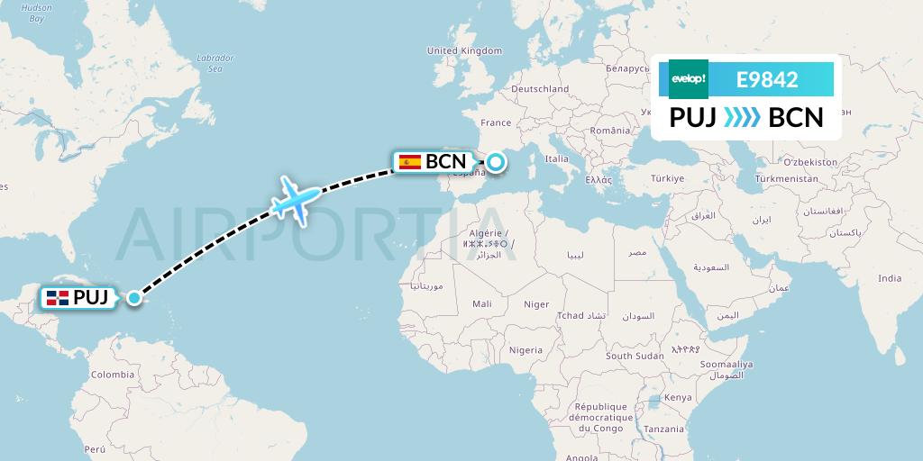 E9842 Evelop Airlines Flight Map: Punta Cana to Barcelona