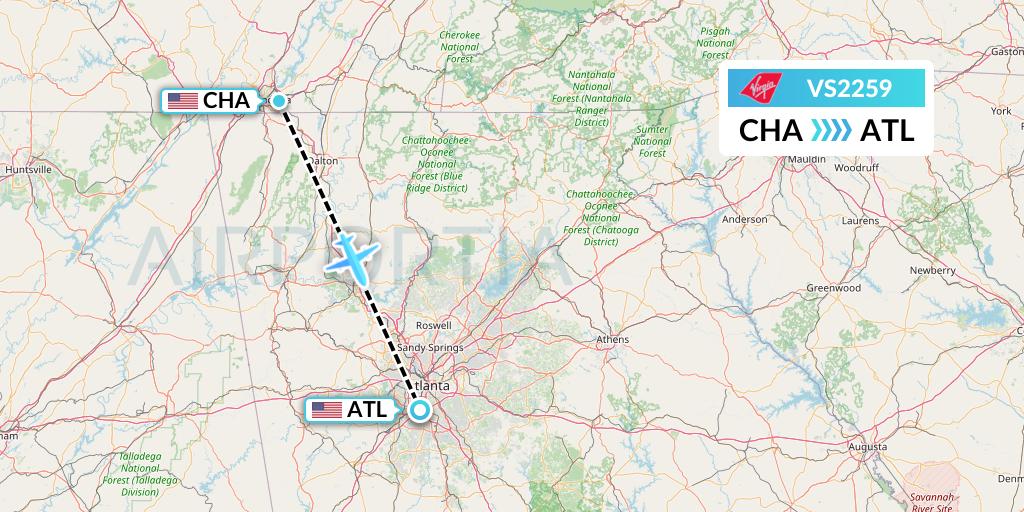 VS2259 Virgin Atlantic Airways Flight Map: Chattanooga to Atlanta