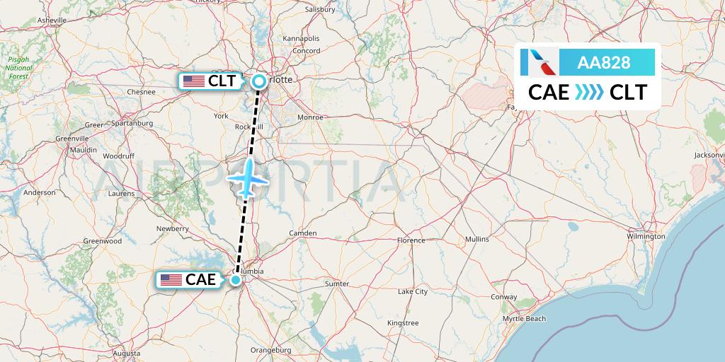 AA828 American Airlines Flight Map: Columbia to Charlotte