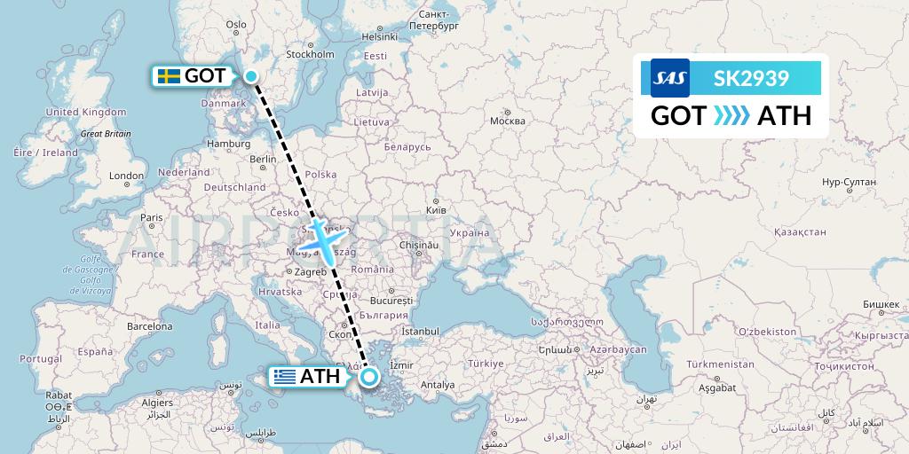 SK2939 SAS Flight Map: Gothenburg to Athens