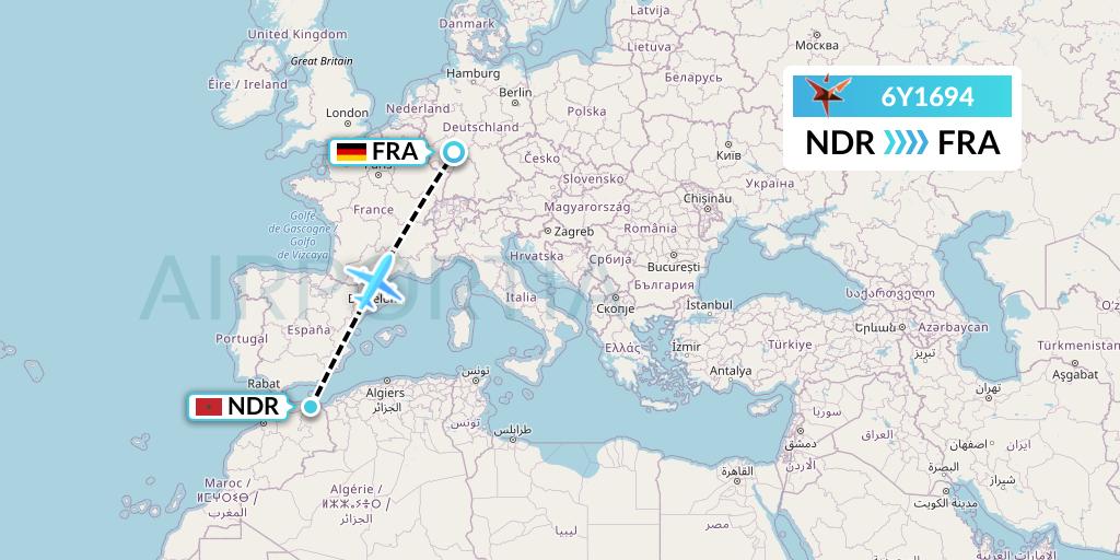 6Y1694 SmartLynx Flight Map: Nador to Frankfurt