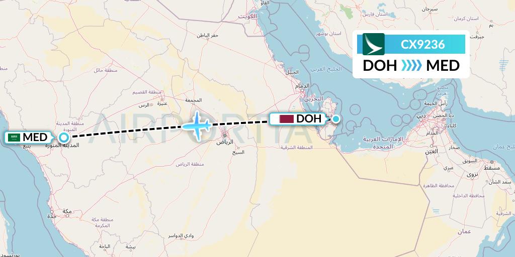 CX9236 Cathay Pacific Flight Map: Doha to Medina